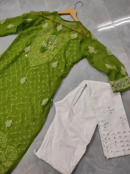 Green Long Georgette Chikan Shimmery Kurti Set