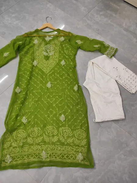 Green Long Georgette Chikan Shimmery Kurti Set