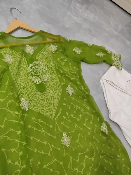 Green Long Georgette Chikan Shimmery Kurti Set