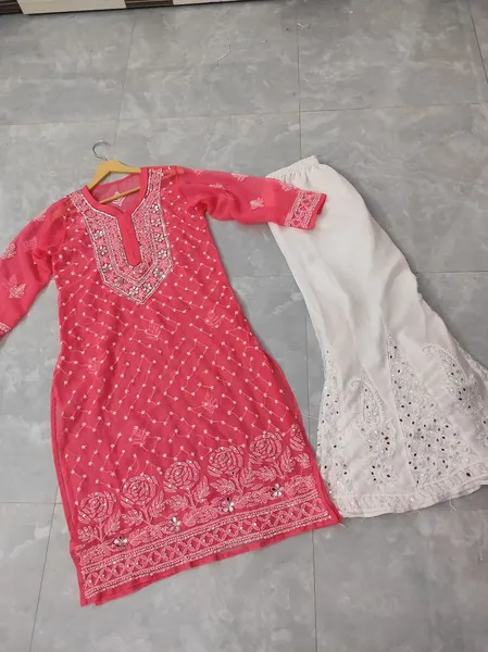 Carrot Chiffon Chikan Kurta Sharara Set