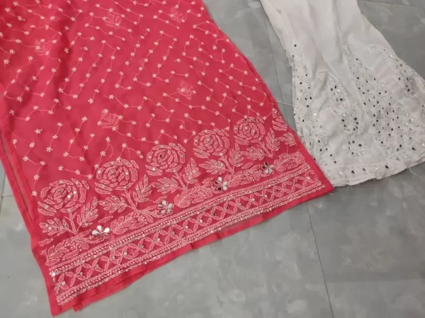 Carrot Chiffon Chikan Kurta Sharara Set