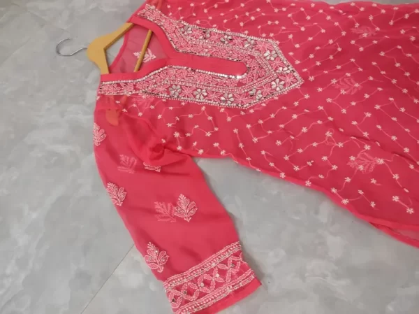 Carrot Chiffon Chikan Kurta Sharara Set