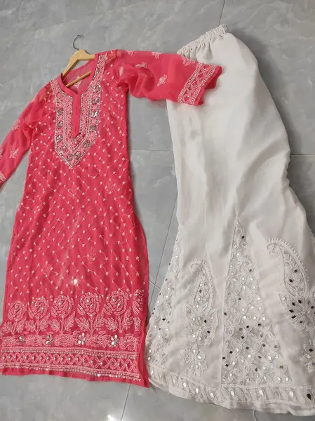 Carrot Chiffon Chikan Kurta Sharara Set