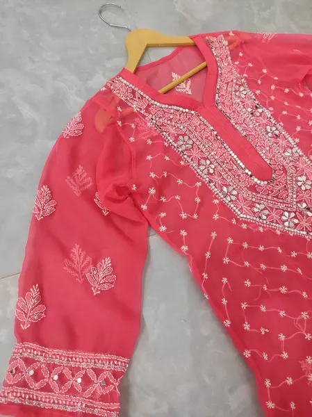 Carrot Chiffon Chikan Kurta Sharara Set