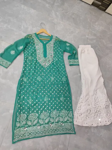 Sea Green Chiffon Chikan Kurta Sharara Set