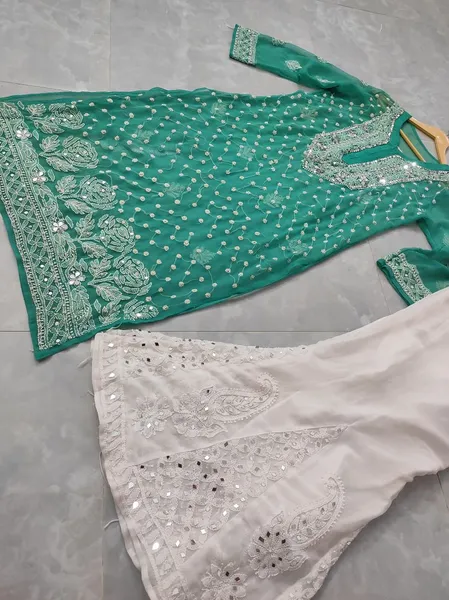 Sea Green Chiffon Chikan Kurta Sharara Set