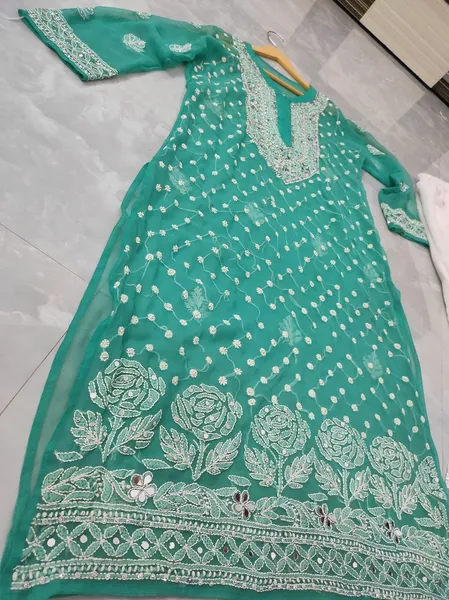 Sea Green Chiffon Chikan Kurta Sharara Set