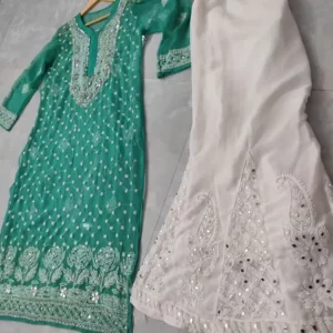 Sea Green Chiffon Chikan Kurta Sharara Set