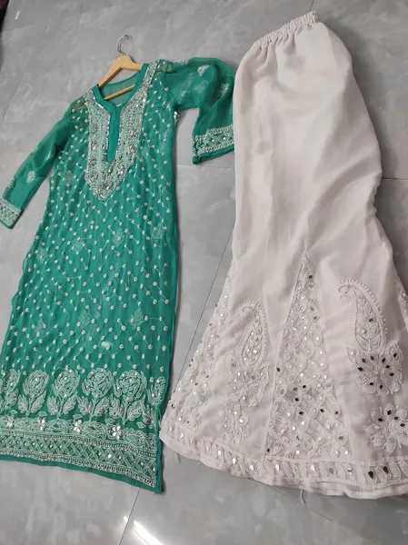 Sea Green Chiffon Chikan Kurta Sharara Set