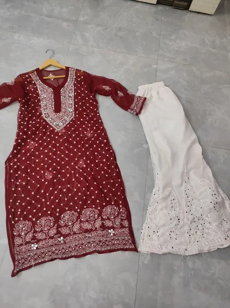 Maroon Chiffon Chikan Kurta Sharara Set