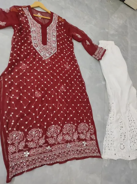 Maroon Chiffon Chikan Kurta Sharara Set