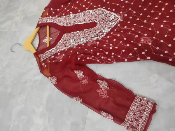 Maroon Chiffon Chikan Kurta Sharara Set