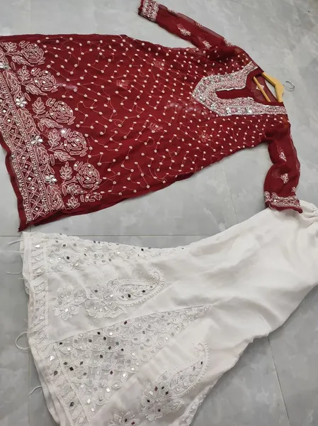 Maroon Chiffon Chikan Kurta Sharara Set