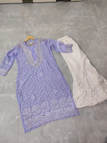 Lavender Chiffon Chikan Kurta Sharara Set
