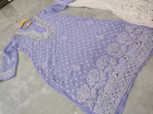 Lavender Chiffon Chikan Kurta Sharara Set