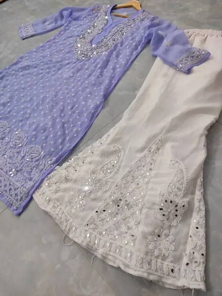 Lavender Chiffon Chikan Kurta Sharara Set