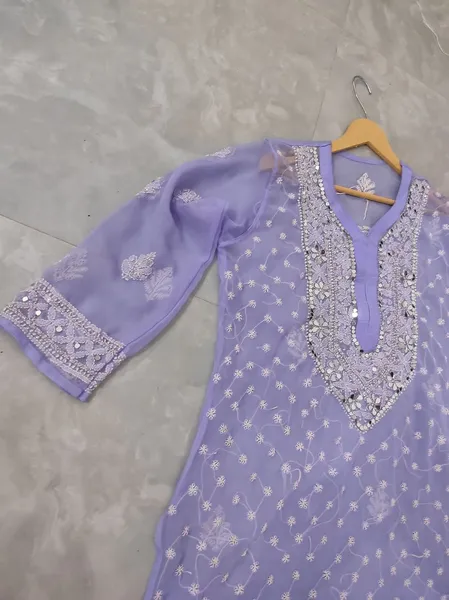 Lavender Chiffon Chikan Kurta Sharara Set