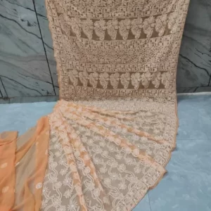Sunset Orange Half Jaal Chikan Saree