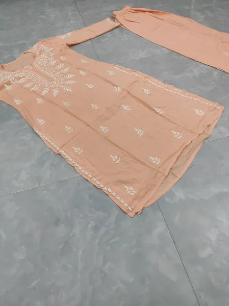 Peach Modal Chikankari Long Kurta