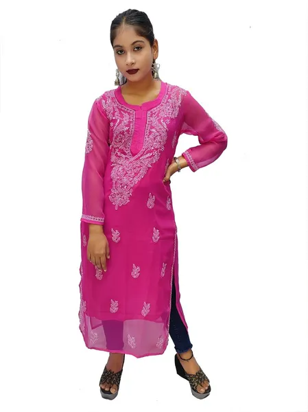 Hot Pink Georgette Chikankari Kurta