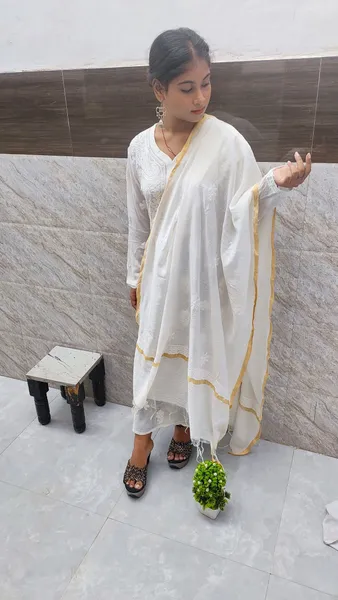 Pure Chanderi Chikan Dupatta ( Dyeable)