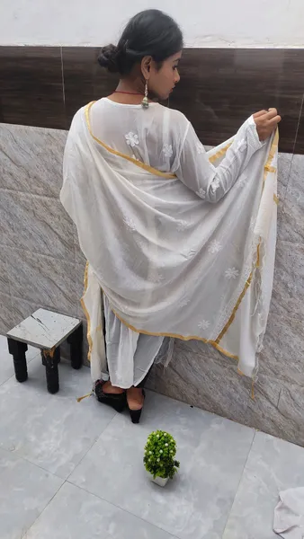 Pure Chanderi Chikan Dupatta ( Dyeable)