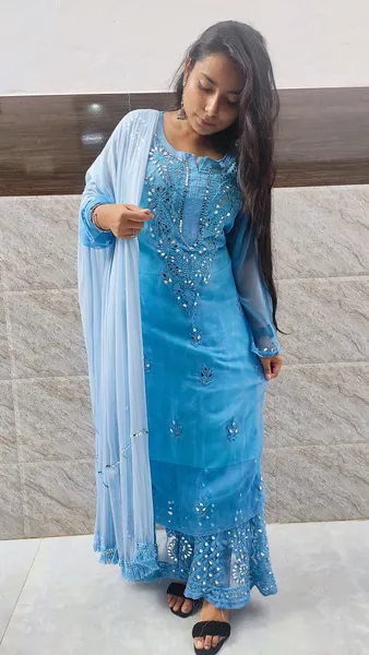 Blue Long Georgette Chikan Shimmery Kurti Set