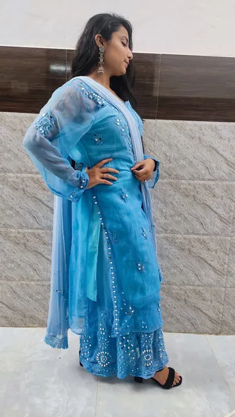 Blue Long Georgette Chikan Shimmery Kurti Set