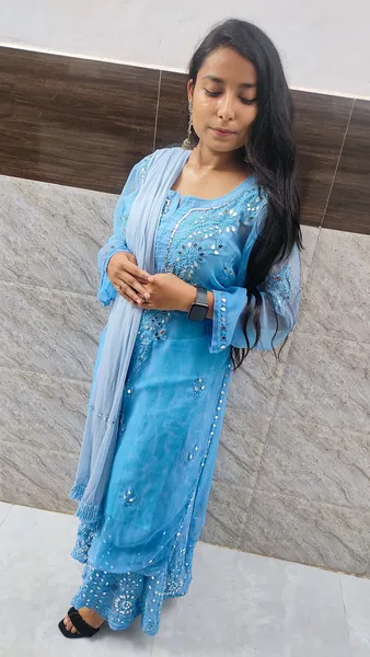Blue Long Georgette Chikan Shimmery Kurti Set