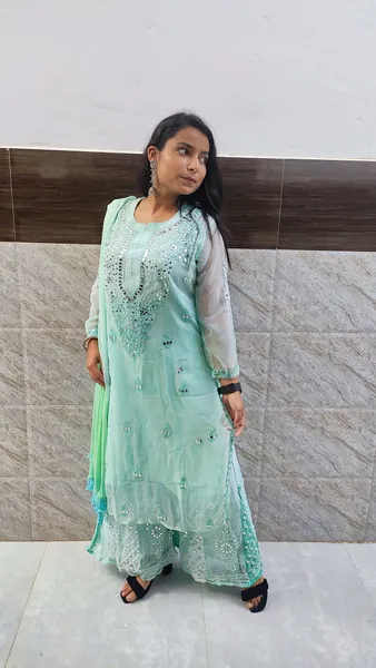 Sea Green Long Georgette Chikan Shimmery Kurti Set