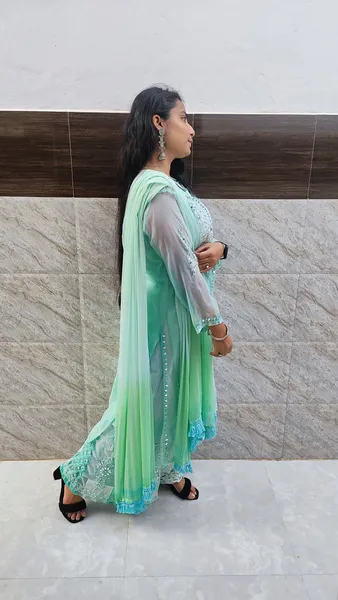 Sea Green Long Georgette Chikan Shimmery Kurti Set