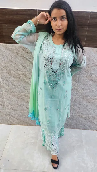 Sea Green Long Georgette Chikan Shimmery Kurti Set