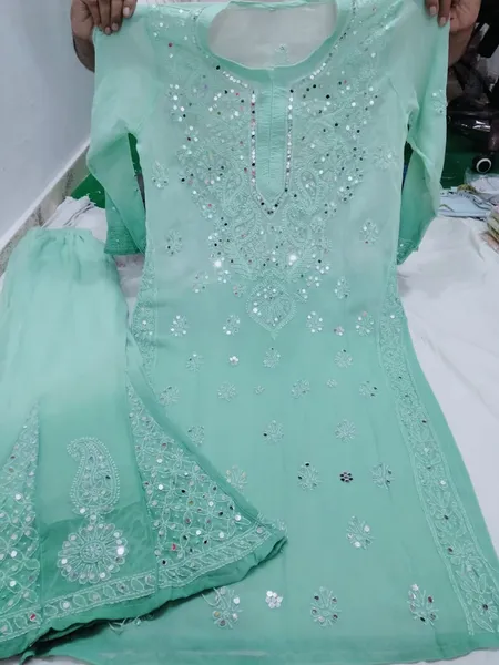 Sea Green Long Georgette Chikan Shimmery Kurti Set