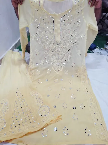 Yellow Long Georgette Chikan Shimmery Kurti Set