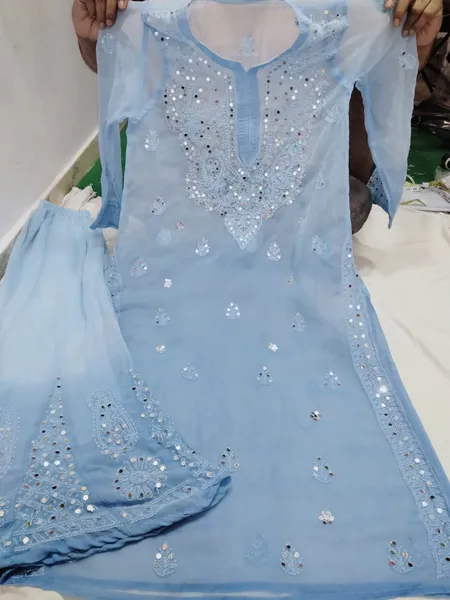 Blue Long Georgette Chikan Shimmery Kurti Set