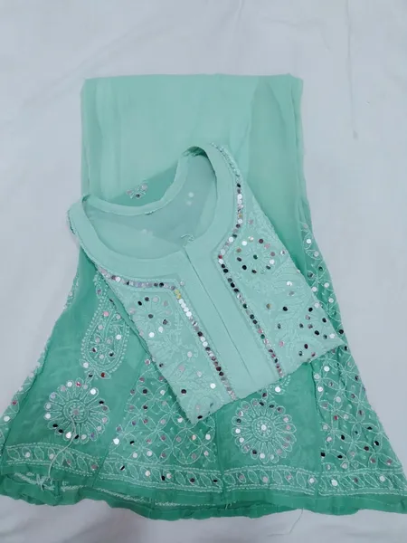 Sea Green Long Georgette Chikan Shimmery Kurti Set