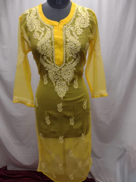 Bright Yellow Georgette Chikankari Kurta