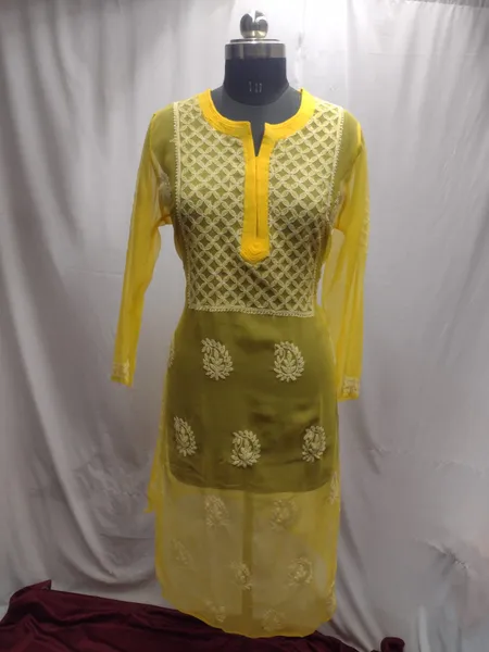 Yellow Floral Georgette Chikankari Jaal Kurta
