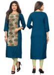 Generic Women's Rayon Printed and Hand Work Kurti (Rama)