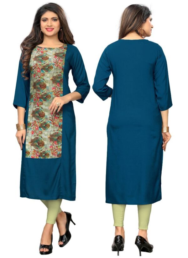 Generic Women's Rayon Printed and Hand Work Kurti (Rama)