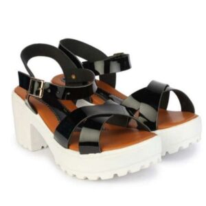 Women's Patent Leather Heel Sandals (Color:Black, Material:Patent Leather)