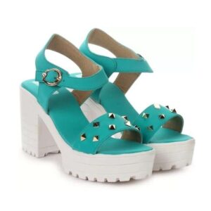 Women's Patent Leather Heel Sandals (Color:Sea Green, Material:Patent Leather)