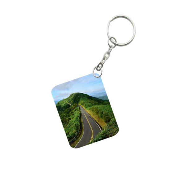 Generic Pack Of 3_ Landscape Mountains Road Green One Side Printed Rectangle Designer Keychain (Green)