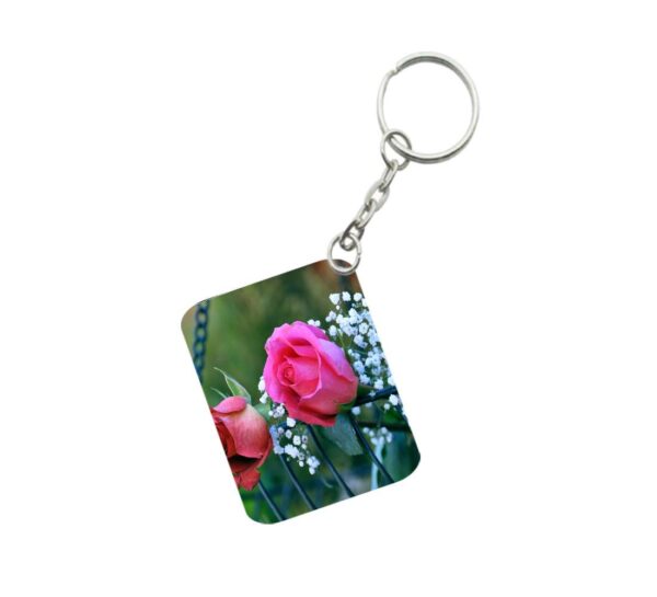 Generic Pack Of 3_ Pink Rose One Side Printed Rectangle Designer Keychain (Pink)