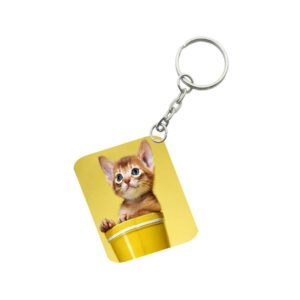Generic Pack Of 3_ Yellow Cup With Cat One Side Printed Rectangle Designer Keychain (Yellow)