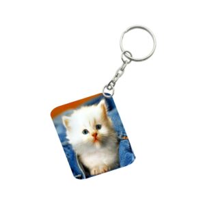 Generic Pack Of 3_ White Cat One Side Printed Rectangle Designer Keychain (White)