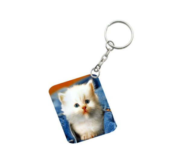 Generic Pack Of 3_ White Cat One Side Printed Rectangle Designer Keychain (White)