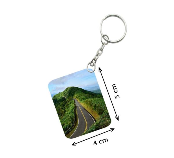 Generic Pack Of 3_ Landscape Mountains Road Green One Side Printed Rectangle Designer Keychain (Green)