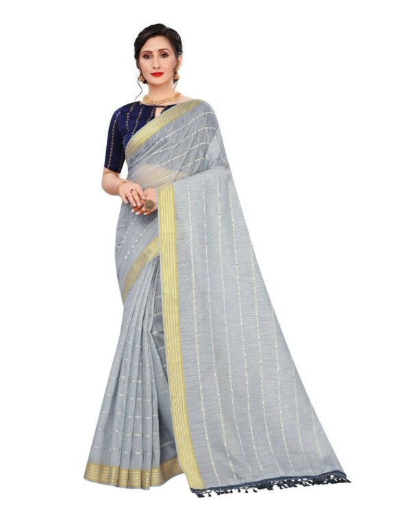 Women's Cotton Saree With Blouse (Grey, 5-6Mtrs)