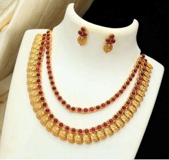 Women's Ethnic Double Line Laxmi Coin Jewellery Set (Red, Free Size)